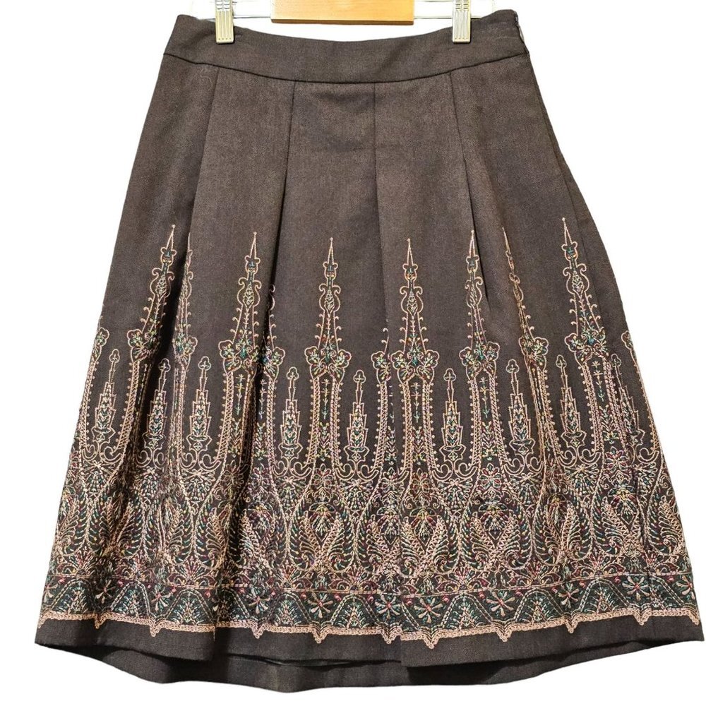 Ann Taylor Brown Skirt with Multicolor Embroidered Border